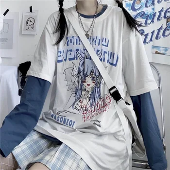 Spausdinti ilgomis rankovėmis t-shirt rudens pradžioje naujas Japonų animacinių filmų moteris studentų korėjos versija prarasti ins susiuvimo netikrą du gabalus