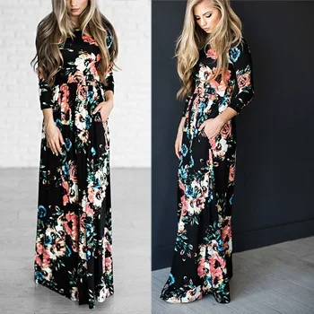 Stilius karšto atsitiktinis plius dydis spausdinti max moteris suknelės pavasarį ir rudenį ilgomis rankovėmis spausdinti grindų ilgis moterų suknelės
