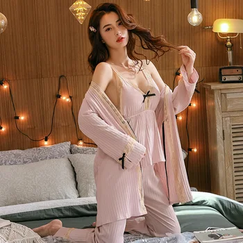 Su Krūtinės Mygtukai Duobę Juostele Moterų Krūtinės Kėlimo Nėrinių Homewear Trijų Dalių Pižamą Apatiniai Sutirštės Lounge Pavasario Pižama Komplektas