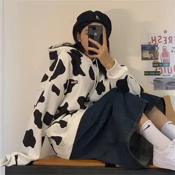 Su Skrybėlę Hoodies Harajuku Karvė-spausdinimo Hip-Hop Pora Paauglių Hoodie korėjos Mielas Pagrindinio Populiariausių Rudens Kolegijos Ponios Susagstomi megztiniai