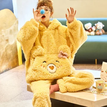Suaugusiųjų Pižama Nustatyti Moterų Žiemos Tirštėti Sleepwear Homewear Animacinių Filmų Lokys Korėjos Pižamos Juokinga Minkštas Šiltas Pijamas Kostiumas