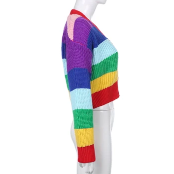 Sweetown Vaivorykštė Juostele Mezgimo 90s susagstomi megztiniai Moterims Preppy Stilius Mielas Kawaii Estetinės Trikotažas Kontrastas Dygsnio Y2K Pasėlių Megztiniai