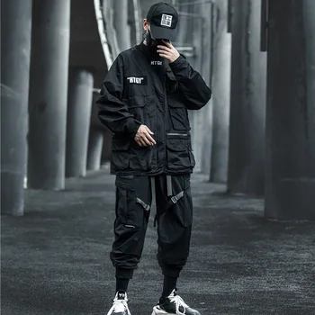 Techwear Multi-Kišenės, Užtrauktukas Hip-Hop Cardigan vyriški Laisvalaikio Rudens Žiemos viršutinių drabužių siuvimas Sporto Švarkai, Paltai Vyrų Japonija Streetwear