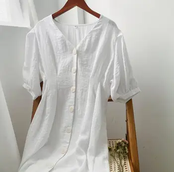 Toppies Moterys vasarą lino suknelė baltos medvilnės skalbiniai v-neck slim suknelė moterims vieną krūtinėmis trumpas rankovės vestidos