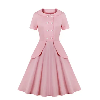 Trumpas Rankovės Medvilnės Vasaros Rožinė Suknelė VD1427 Hepburn Vintage Retro Swing Rockabilly Suknelė 50s 60s Elegantiškas Šalis Suknelės