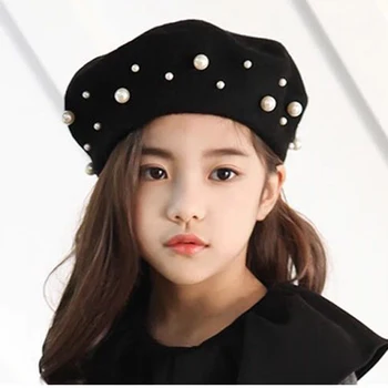 VISROVER 2018 mados vaikas pearl beretė skrybėlė mergina žieminė kepurė rudenį Karoliukai Punk Beretė Skrybėlę Naujas Kieto Moterų Didmeninė Baret vaikai