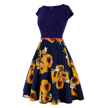 Vasaros 1950 60s Vintage Retro Moterų Suknelė trumpomis Rankovėmis Polka Gėlių Margumynas Šalies Vestido Elegantiška Linija, Mėlynos Suknelės