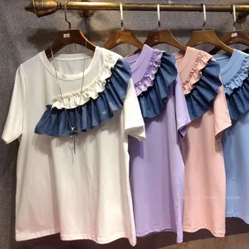 Vasaros Marškinėlius Moteriai Naujas korėjiečių Stiliaus Nereguliarus Raukiniai Susiuvimo trumpomis Rankovėmis T-shirt Prarasti Viršūnes Moterų Atsitiktinis Didelio Dydžio Trišakius