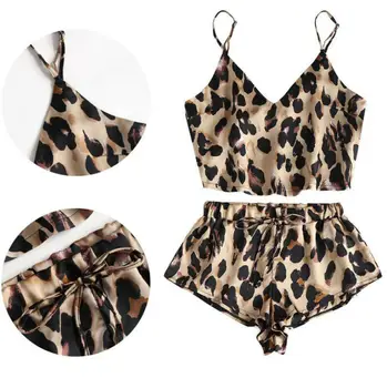 Vasaros Moterų Mados 2vnt Sleepwear Seksualus Leopard apatinis Trikotažas Berankovis Viršų Šortai Pajama Rinkinys