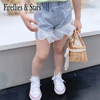 Vasaros mergaitės karštos šortai kūdikių džinsinio šortai vaikams nuosėdos vaikų streetwear džinsai mados linija pearl ruched akių raw 2 iki 8 metų amžiaus