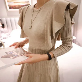 Vientisas Megzti Megztinis Suknelė korėjos Moterys Susiėmę Juosmens Suknelės 2020 M. Rudens Žiemos Moterų Megztinis Knitt Suknelė Midi suknelė