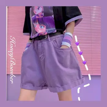 Violetinė aukšto juosmens džinsinio šortai Harajuku moterų streetwear korėjos moteriški drabužiai bf plius dydis šortai poilsiu vasarą, trumpas