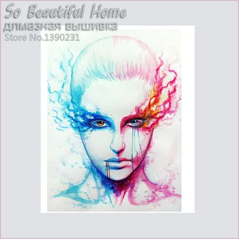 Visą diamond gręžimo siuvinėjimas, tapyba mergina galvą su mėlynos ir raudonos plaukų kryželiu paveikslą namų dekoro 3D rinkiniai diamond mozaika