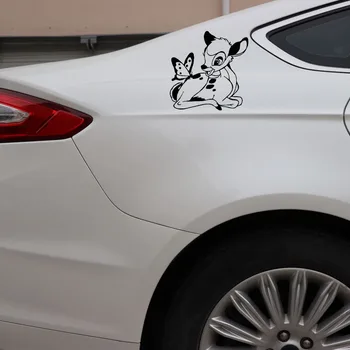 Volkrays Cartoon Automobilių Lipdukas Bambi Elnias su Drugelio Mielas Gyvūnų Accessovies Atspindintis Vinilo Decal Juoda/Sidabrinė,12cm*12cm