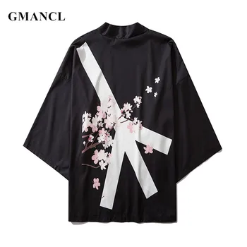Vyrai Japonų Stiliaus Gėlių spausdinti Kimono Megztinis Striukės Streetwear Hip-hop Prarasti Vasaros Vyrų Atsitiktinis Pusė rankovės plonas kailis