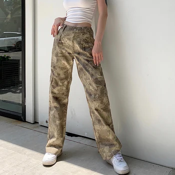 Weekeep Kratinys Kišenėje Aukštos Juosmens Kamufliažas Krovinių Kelnės Streetwear Moterų Rudenį Harajuku Baggy Hip-Hop Tiesios Kelnės 2020 M.