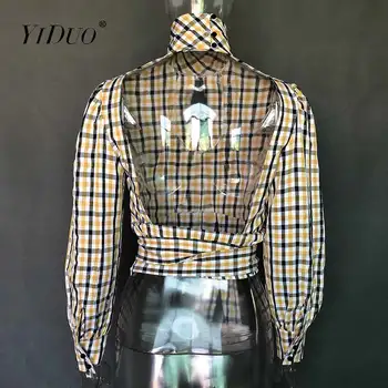 YiDuo Seksualus Backless Golfo Choker Classic Vintage Plaid Marškinėliai Moterims Nėriniai Apkarpyti Viršų Naujas Lady Ilgomis Rankovėmis Palaidinė Streetwear