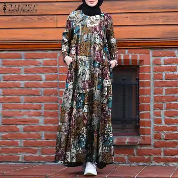 ZANZEA Derliaus Flroal Spausdinti Maxi Ilgas Vestidos Retro Musulmonų Suknelė Moterims Rudenį Sundress Kaftan Skraiste Abaja Turkija Suknelė, Hijab