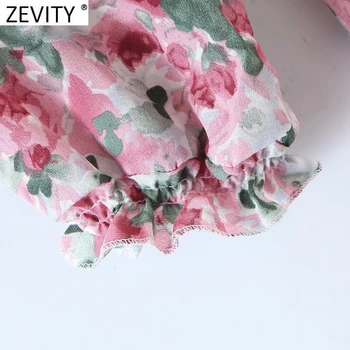 Zevity 2021 Moterų Saldus Agaro Nėrinių Pink Gėlių Spausdinti Atsitiktinis Plisuotos Midi Suknelė Trijų Moterų Ketvirtį Rankovės Šalies Vestido DS4910