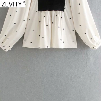 Zevity Moterų Vintage Black Velvet Kratinys Raukiniai Atsitiktinis Smock Palaidinė Office Lady Širdis Spausdinti Marškiniai, Elegantiškos Blusas Viršūnes LS7431