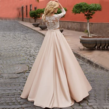 Šampanas Madingas Dviejų dalių, Vestuvių Suknelės, 2021 su Rankovėmis-line Satino Nėriniais Vestido de Novia Nuotakos Suknelė Cusotmized