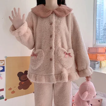 Žiemos Koralų Aksomo Šilta Pižama Korėjos Kawaii Lolita Princess Pajama Mados Atsitiktinis Sweet Home Dėvėti Pižamos Moterims Sleepwear