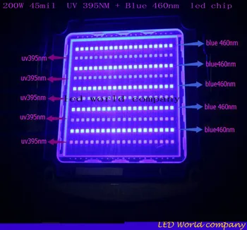 200W 45mil SMD High Power LED ultravioletinės UV 395NM + Mėlyna 460nm UV:Mėlyna 33-36V Didelės Galios LED Šviesos 200W uv led lustas