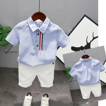 2019 Berniukų Drabužiai Nustatyti Vasaros Medvilnės Baby Kūdikių Drabužių Rinkinys berniukams Mėlyna Balta juostele marškinėliai Šortai 2vnt berniukų rinkinys 2-6Years