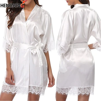2019 Naujas Moterys, Ponios Sleepwear Nėrinių Pusė Rankovės Nightgowns Imitacija Ledo Šilko Sleepwear Moteris Naktį Suknelės Su Diržu