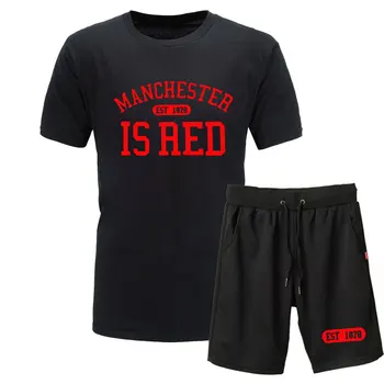 2019 Naujas Prekės ženklas Jungtinė Karalystė, Mančesteris yra Raudonos spalvos marškinėliai + Šortai spausdinti vyrų marškinėliai kostiumas plius dydis medvilnės aukštos kokybės marškinėliai