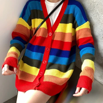2019 m. Pavasarį moterų megzti striukė Vaivorykštė Cardigan Prarasti Overisize Moterų kailis džemperis moterims Spalvinga Dryžuotas Megztinis SW07