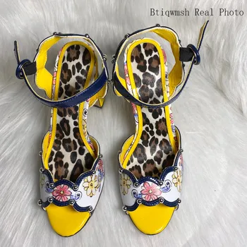 2020 Leopard Sandalai Moterims Peep Toe Kniedės Kalnų Krištolas Aikštėje Aukšto Kulno Batų Moteris Retro Vestuvių Batai