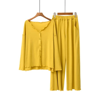 2020 Naujas Pajama Moterų Pavasario Modalinio ir Medvilnės ilgomis Rankovėmis Slyvų dydžio Mozaikos Megztinis ilgomis rankovėmis Homewear Rinkiniai Sleepwear