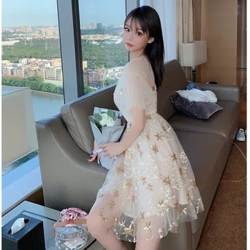 2020 Naujas Vasaros china siuvinėjimo tinklelio suknelė moteris abrikosų sluoksniuotos rankovėmis V-kaklo star modelis mini suknelė moterų atsitiktinis mados