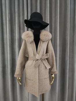 2020 Prekės ženklas žinomas Nekilnojamojo Kašmyras vilnonis Paltas Su nekilnojamojo Fox Fur Hoodie nekilnojamojo kailinius abrigos para mujer