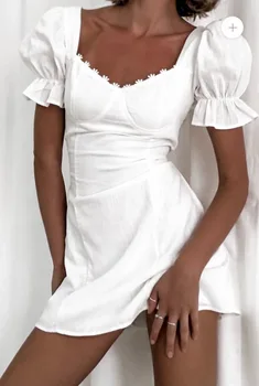 2020 Retro Mezgimas Nėriniai Aikštėje Apykaklės trumpomis Rankovėmis Trumpą Suknelę Moteris Balta prancūzų Mini Suknelės Atostogų