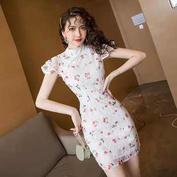 2020 m. Moteris Saldus Vyšnių Spausdinimo Bodycon Mini Seksualus, Elegantiškas Suknelė Aukštos kokybės Panele laisvalaikio cheongsam Nėrinių Suknelė