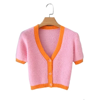 2020 m. Pavasarį korėjos džemperis moterims derliaus rožinis megztinis megztas mielas megztinis punk pasėlių megztinis mezgimo korėjos susagstomi megztiniai mielas violetinė