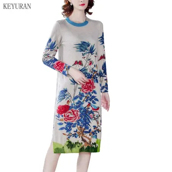 2020 m. Rudens Žiemos Tiesiai Megztinis Suknelė Elegantiška Vintage Gėlių Spausdinti Prarasti ilgomis Rankovėmis, O ant Kaklo Megztinis Vestidos Moterų Suknelė