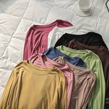 2020 m. Rudenį vientisos Spalvos Modalinis Moteris marškinėliai korėjos Naujos kartos Kaklo, ilgomis Rankovėmis Mados Basic marškinėliai Topai