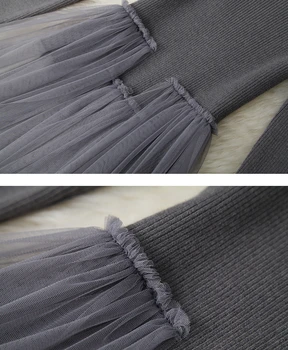 2020 m. rudens ir žiemos moteriškų naujas retro aukšto kaklo duobės dryžuotas megztinių mezgimas akių netikrą dviejų dalių suknelė