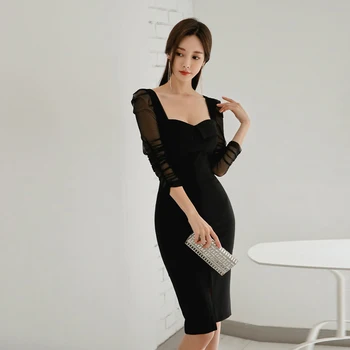 2020 m. rudenį elegantiškas Juodas Kvadratas Apykakle ilgomis rankovėmis slim-fit Pieštuku suknelė Oficialų Šalis Suknelė Žiemą
