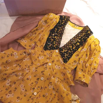 2020 metų Vasaros Geltona Printed Dress Moteris trumpomis Rankovėmis Peter Pan Apykaklės kilimo ir tūpimo Tako Projektavimo Suknelė Moterų Saldus geltonas Vestidos Ponios