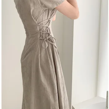 2020 metų Vasaros Moterų Kietas Suknelė prancūzų Modelis V-kaklo Plonas Juosmens Pusėje Dirželiai Ir Ilgas, Trumpas rankovėmis Suknelė Elegent Šalis Suknelė