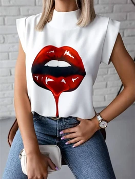 2020 metų Vasaros Paprasta Atsistoti Apykaklės marškinėliai Mados Lūpų Spausdinti Ponios Marškinėliai Topai Atsitiktinis Rankovių Prarasti Moterų marškinėliai