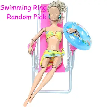 3 Vnt./Partija = 1x Geltonos spalvos maudymosi kostiumėlį, maudymosi Kostiumėliai, Bikini + 1x Atsitiktiniai Plaukimo Žiedas + 1x Vnt Paplūdimio Kėdės Aksesuarų Barbie Lėlės Žaislas