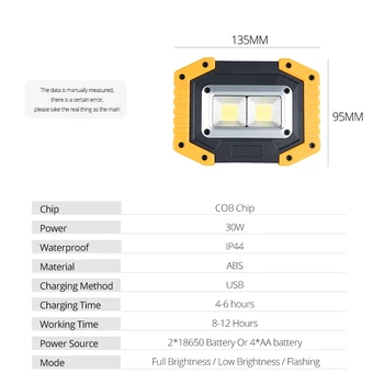 30W LED Darbo Šviesos Portable LED Prožektorius 5V USB Įkrovimo 3 Rūšių Atšvaitas Prožektorius Žibintuvėlis Lauko Avarinis Apšvietimas
