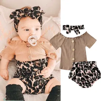 3Pcs Bamblys Baby Girl Vasaros Drabužių trumpomis Rankovėmis Mygtuką Viršūnės T-Shirt+Leopard Šortai, Kelnės+galvos Apdangalai Komplektus 0-18M