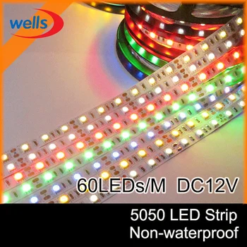 5M/roll 60LEDs/m, 5050 SMD LED Juostelė Lankstus šviesos Daugiau Ryškus nei 3528, Raudona, Žalia, Mėlyna, Balta, Šiltai Balta, RGB & DC12V