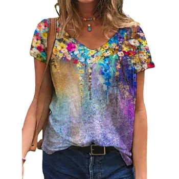 5XL Negabaritinių Ponios Viršūnes Moterų Plius Dydis Gėlių 3D Print T Shirt Prarasti V-Kaklo trumpomis Rankovėmis Atsitiktinis Tee Viršuje Vasaros Naują Streetwear